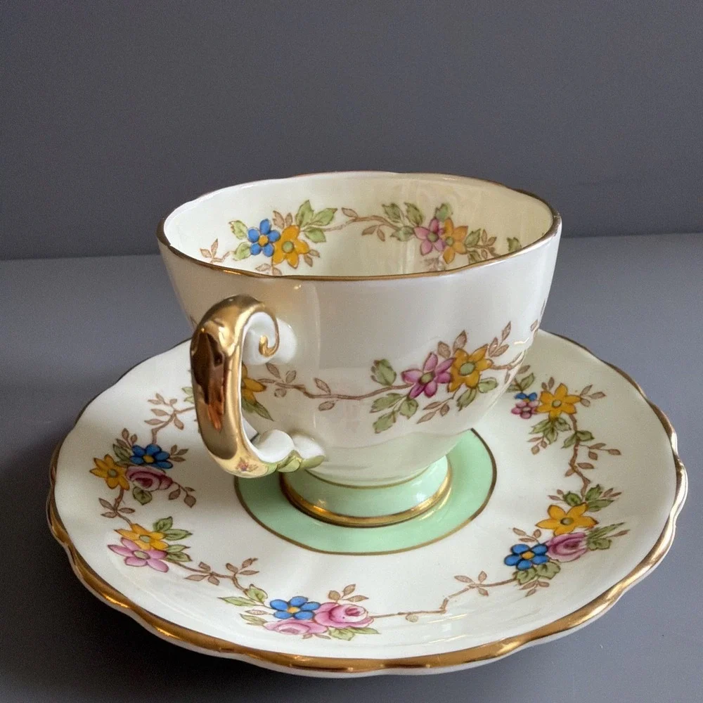 Vintage 1940s Plant Tuscan English Bone China Tea Cup & Saucer Floral Green Gold
